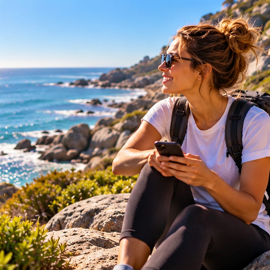Smiling woman with a backpack on the rocky Cape coast, phone in hand