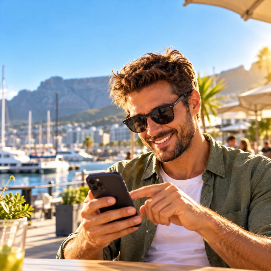 Smiling man booking on his phone at a V&A Waterfront café, Table Mountain behind
