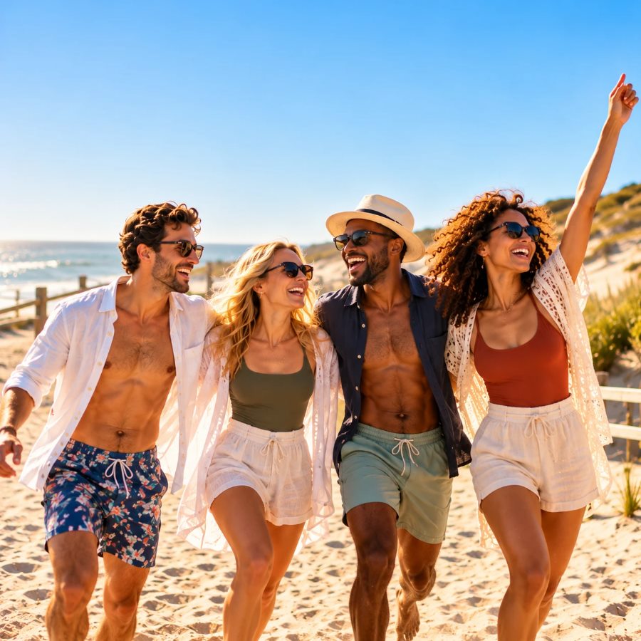Four friends walking arm in arm across the sand, hands free
